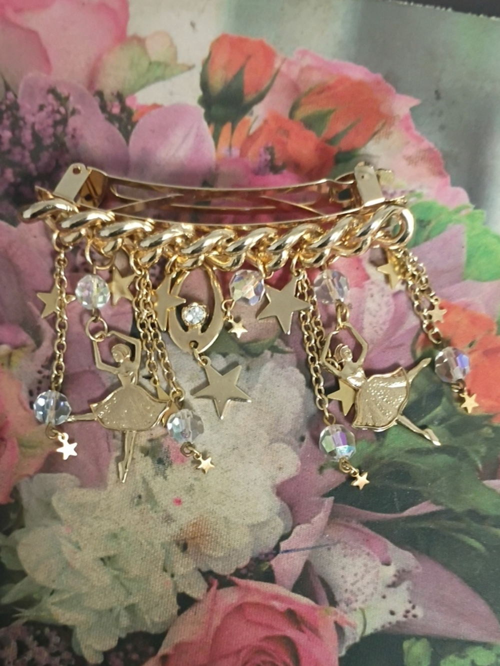❤️KIRKS FOLLY Crescent Multi Charm Barrette Hair Clip Ballerina Stars Crystals